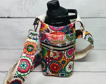 H2O To Go/Water Bottle Holder, Water Cup Crossbody, bright flowers, Mother’s Day