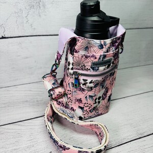 H2O To Go/Water Bottle Holder, Water Cup Crossbody, Purple and Pink Skulls image 3