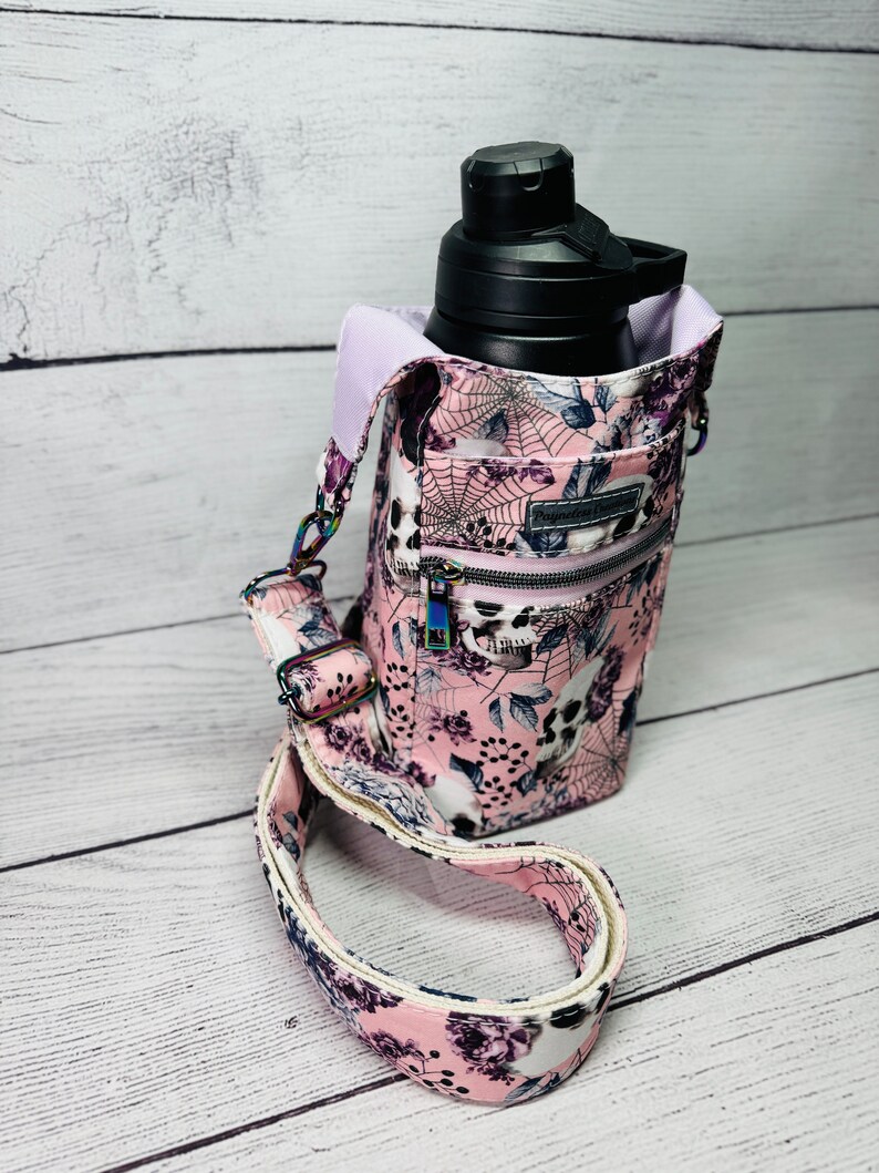 H2O To Go/Water Bottle Holder, Water Cup Crossbody, Purple and Pink Skulls image 3