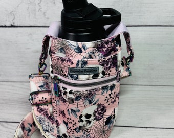 H2O To Go/Water Bottle Holder, Water Cup Crossbody, Purple and Pink Skulls