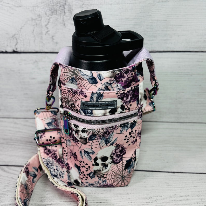 H2O To Go/Water Bottle Holder, Water Cup Crossbody, Purple and Pink Skulls image 1