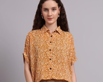 Blusa corta de viscosa con estampado gráfico, blusa holgada de verano para mujer.