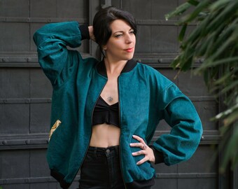 Veste bomber surdimensionnée en velours côtelé, veste réversible pouvant être portée des deux côtés, veste vintage des années 90, blouson, veste universitaire en velours côtelé, veste mi-saison, veste bohème pétrole