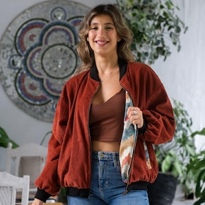 Cazadora bomber de pana oversize, chaqueta reversible, chaqueta vintage de los años 90, blusón, chaqueta universitaria de pana, chaqueta de transición, chaqueta boho