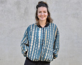 Batik Oversize Bomberjacke, Unisex Wendejacke beidseitig tragbar, Vintage 90er Jacke, Blouson, Collegejacke, Übergangsjacke, Bohojacke blau