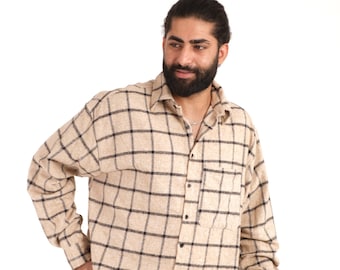 Camicia di flanella a quadri, camicia oversize, camicia da boscaiolo, camicia calda, camicia di lana da uomo, giacca camicia, sovracamicia beige, camicia accogliente