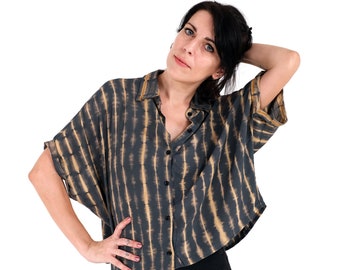 Chemise courte surdimensionnée femmes, chemise batik, chemisier, haut viscose, haut d’été batik femmes, chemise vintage, chemise à manches courtes femmes, crop top, années 90