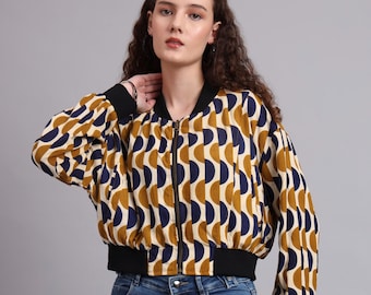 Reversible Cropped Bomber – Retro Print & Black – Cotton Zip Jacket for Women – Streetwear Jacket S/M or M/L