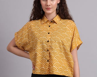 Cropped Cotton Shirt with Japanese Wave Print