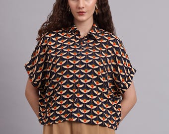 Blusa corta de viscosa – blusa tipo camisa con estampado vintage – blusa holgada de verano