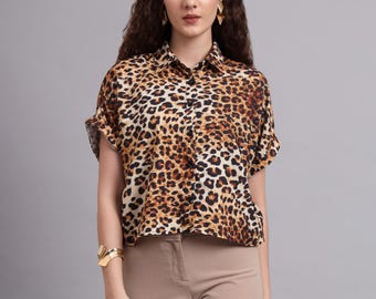Blusa con estampado de leopardo en viscosa – Camisa de manga corta de corte holgado