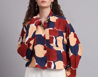 Oversized Cropped Cotton Shirt with Abstract Pattern