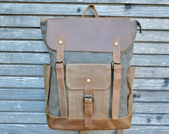 Backpack made of leather and canvas, Canvas bag, army green Travel bag, Laptop bag