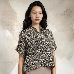 Zebra Print Viskose Bluse - Cropped Hemdbluse - Lockeres Sommerhemd