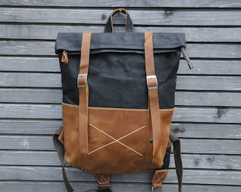Vintage Backpack made of leather and canvas, canvas bag, black backpack
