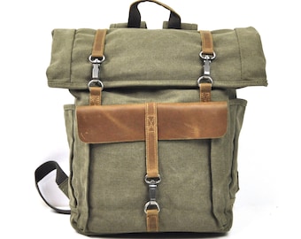 Rucksack aus Canvas und Leder, Rucksack Damen, Rucksack Herren, Freizeitrucksack, hochwertiger  Vintage Rucksack, Reise Rucksack, olive grün