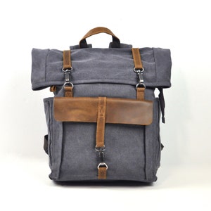 Backpack made of leather and canvas, Canvas bag, grey Travel bag, Laptop bag
