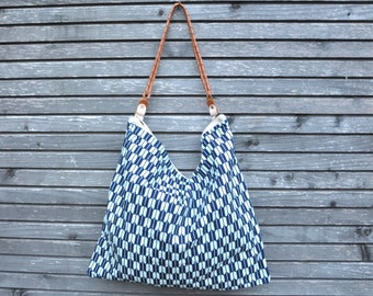 Sac femme, shopper avec fermeture éclair , sac de coton, modèle de sac d’achat, sac à bandoulière bleu blanc