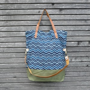 Umhängetasche, Tasche aus Baumwolle, Shopper blau olivgrün, Einkaufstasche, Wickeltasche Muster