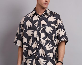 Camisa de viscosa extragrande con estampado de pájaros – camisa unisex de manga corta para verano