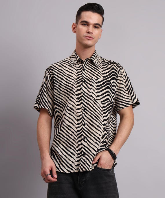 mens zebra print dress shirt Zebra Print Cotton Men's Shirt Relaxed Fit – Short Sleeve Button Down –  Black White Pattern Summer Festival Streetwear Top