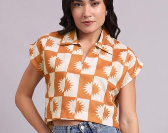 Cropped Viscose Top with Retro Sun Print