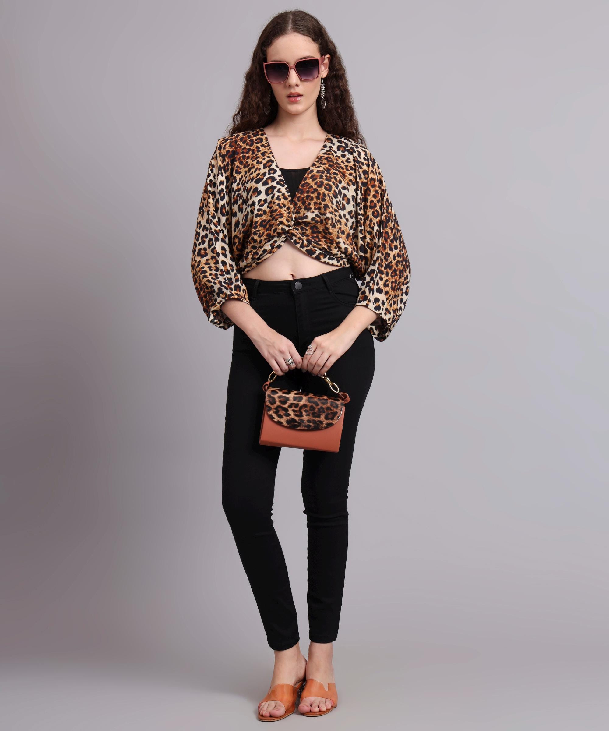 Zebra Print Cropped Blouse – Black White – Wrap Look – V-neck 
