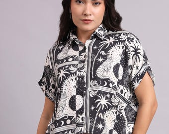 Blusa de viscosa con estampado de tigre – blusa corta tipo camisa – blusa holgada de verano