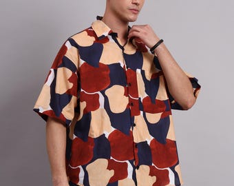 Camisa de hombre extragrande con estampado abstracto – camisa de algodón de manga corta