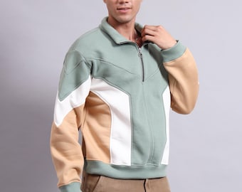 Mens Half Zip Pullover Fleece Sweatshirt - Color block beige, white, green