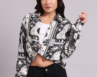 Tiger Moon Print Viscose Shirt with Knotted Front