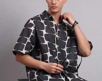 Camisa estampada para hombre, de viscosa, manga corta, estilo veraniego informal.