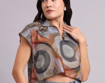 Cropped Abstract Print Blouse – Lightweight Summer Top