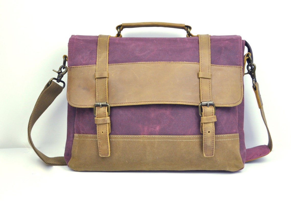 Purple messenger bag made of canvas and leather vintage bag Etsy