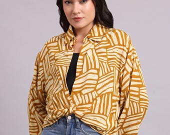 Cotton Knot Blouse with Graphic Print mustard yellow