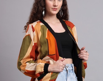 Chaqueta reversible de algodón para mujer – Cazadora con diseño patchwork retro – Chaqueta de transición streetwear hecha a mano