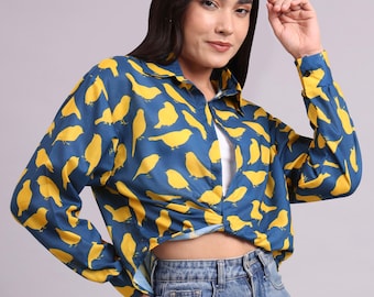 Viscose Bird Print Blouse in Blue and Yellow