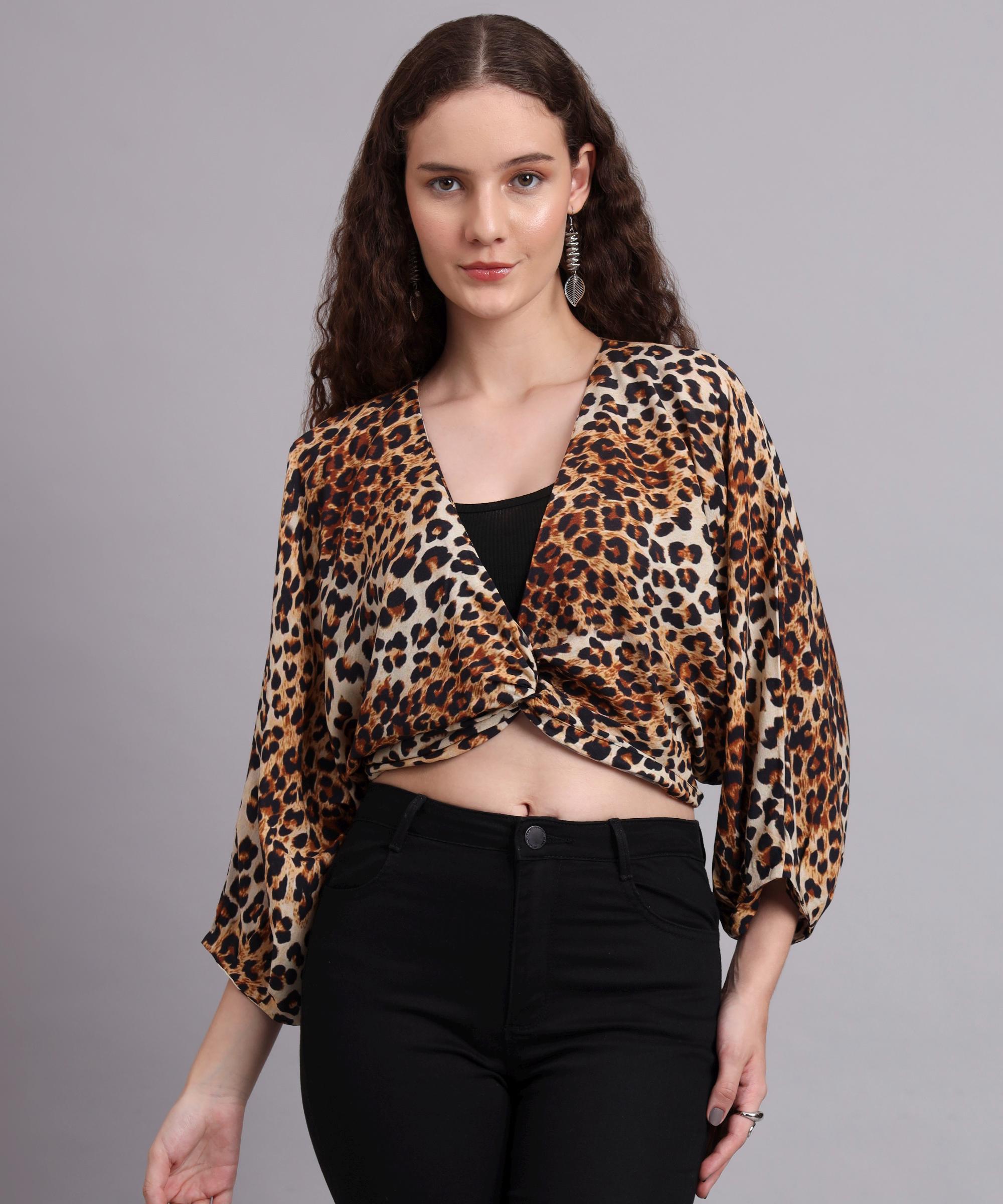 Zebra Print Cropped Blouse – Black White – Wrap Look – V-neck 