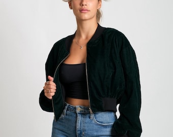 Chaqueta bomber corta reversible de terciopelo y algodón – chaqueta oversize verde y negra para mujer