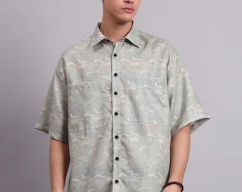 Men’s Cotton Short Sleeve Shirt with Japanese Wave Pattern - oversized cut