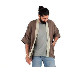 Kimono Herren, Kimono Cardigan aus Musselin, Unsex Kimonojacke, Strickjacke mit Struktur, leichte Jacke Baumwolle, Morgenmantel, Haori Jacke