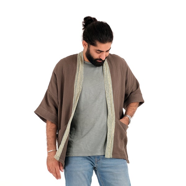 Kimono Herren, Kimono Cardigan aus Musselin, Unsex Kimonojacke, Strickjacke mit Struktur, leichte Jacke Baumwolle, Morgenmantel, Haori Jacke