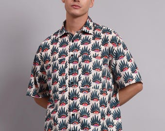 Camisa de viscosa extragrande con estampado de ojos – camisa unisex de manga corta para verano