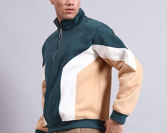 Maglione da uomo Troyer con mezza zip - Color block beige, verde, bianco