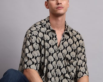 Camisa de viscosa extragrande con estampado de abanico – camisa unisex de manga corta para verano