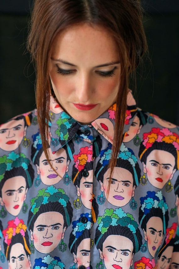 Camicetta Frida Kahlo camicia da donna top con ritratto di Frida Kahlo top vintage da donna camicia ampia a maniche corte da donna Etsy Italia
