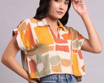 Cropped Cotton Top with Abstract Print