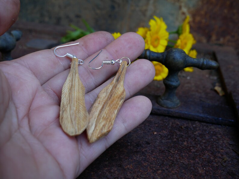 Earrings Hand Carved Wood Feather Palo Santo Sweet Smelling Wood Wood Carving Palosanto High Frequency EarWires