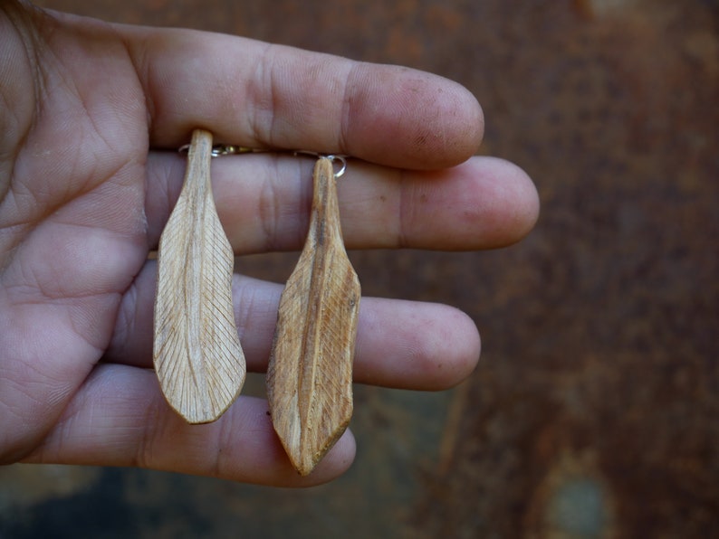 Earrings Hand Carved Wood Feather Palo Santo Sweet Smelling Wood Wood Carving Palosanto High Frequency EarWires