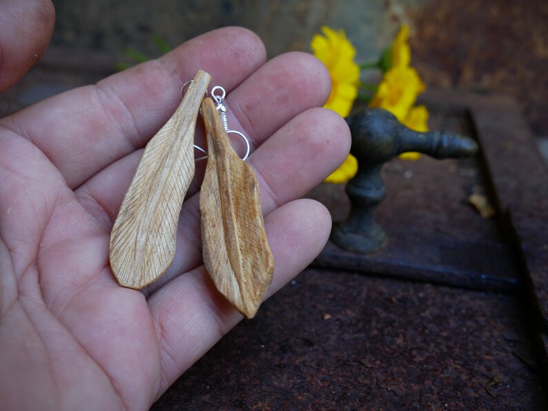 Earrings Hand Carved Wood Feather Palo Santo Sweet Smelling Wood Wood Carving Palosanto High Frequency EarWires